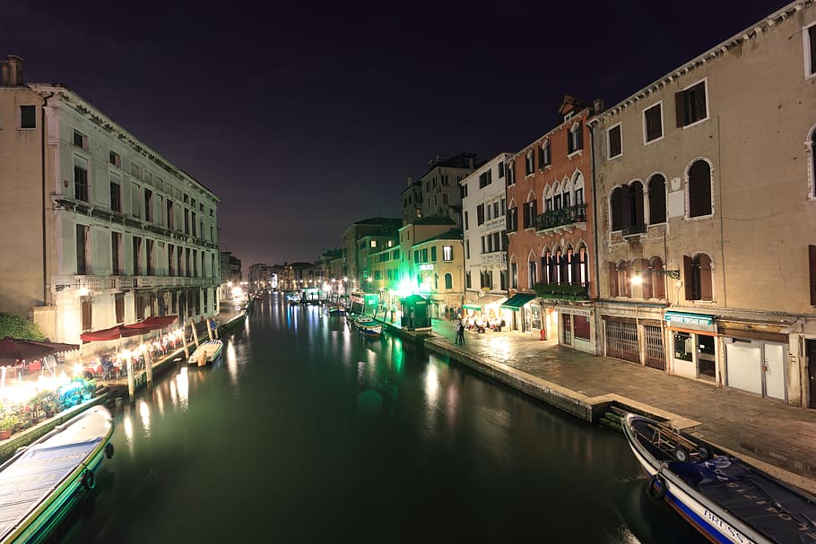 venice, canal, evening, moon, building exterior, water, illuminated HD wallpaper
