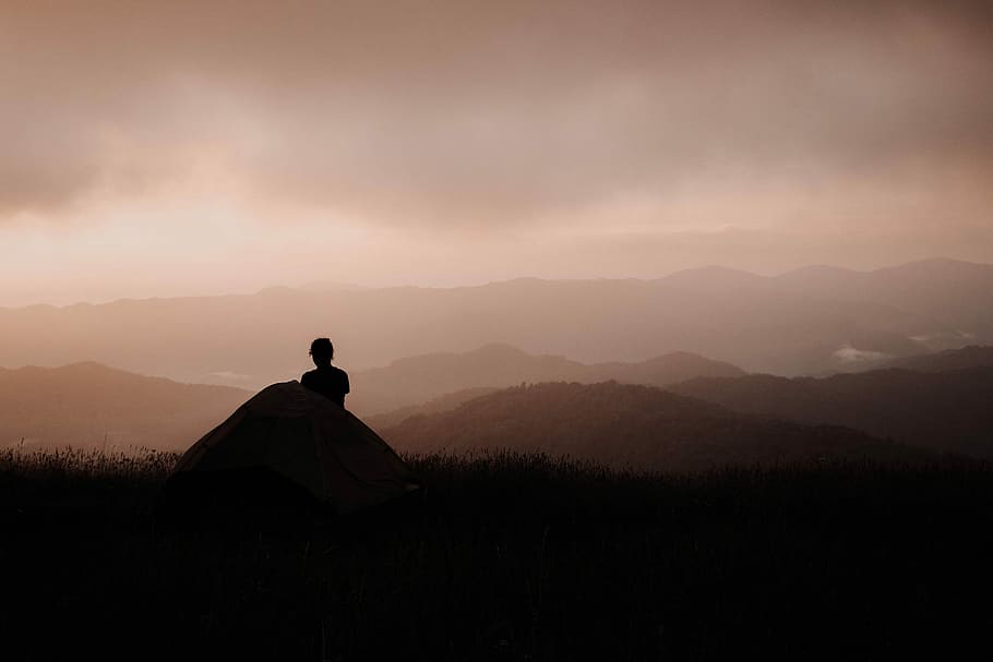 man looking at mountain, silhouette of person standing on mountain HD wallpaper