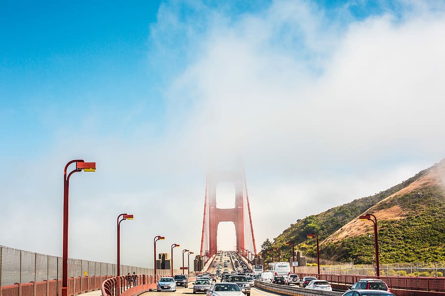 Golden Gate Bridge Pillars Covered in Fog, architecture, california