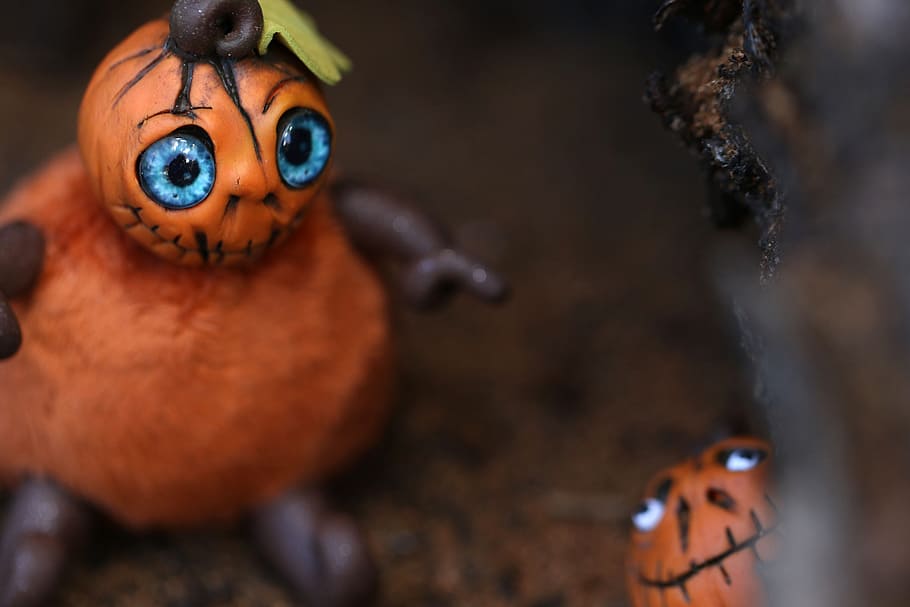 Pumpkin, Halloween, Figures, Miniatures, orange, close-up, doll HD wallpaper