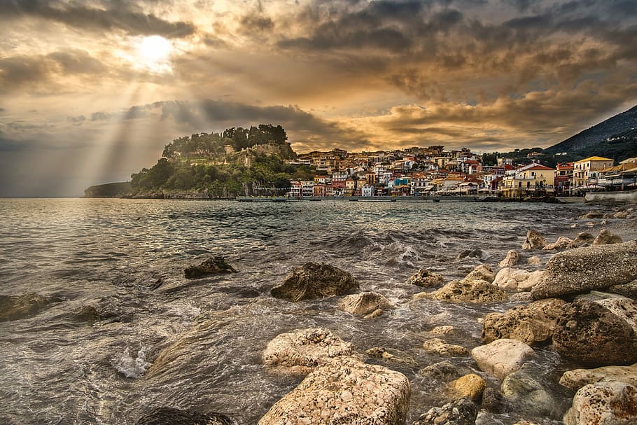 scenery of body of water, parga, fishing village, sunset, afternoon