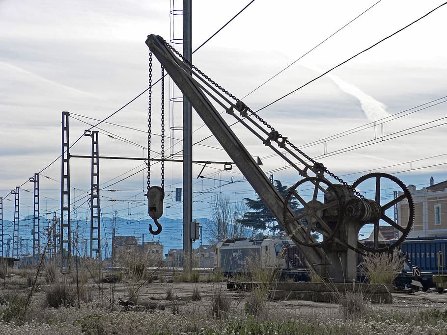 crane, mechanical, machine, train, station, gear, railway, sky HD wallpaper