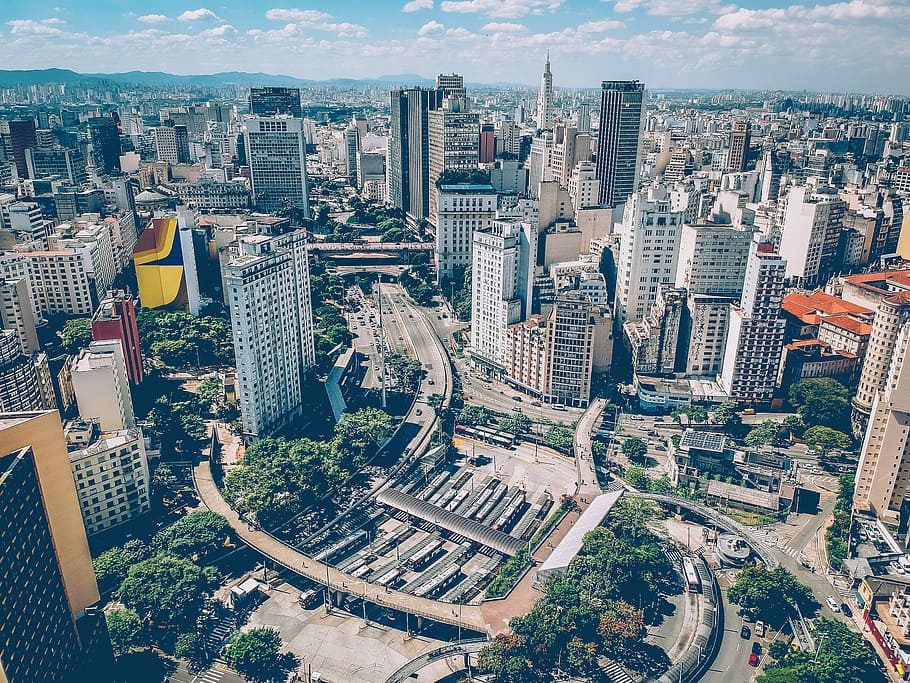 aerial view of park near buildings, bird's eye view photo of cityscape during daytime HD wallpaper