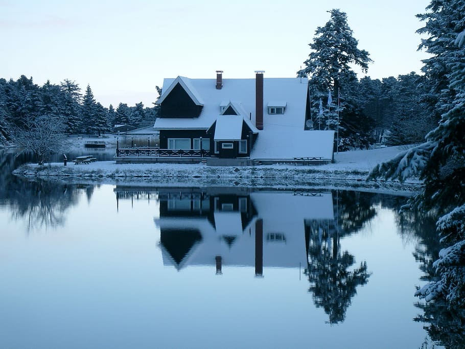 Cabin, Snow, Winter, Lake, Forest, Forest, House, snowy, cottage HD wallpaper