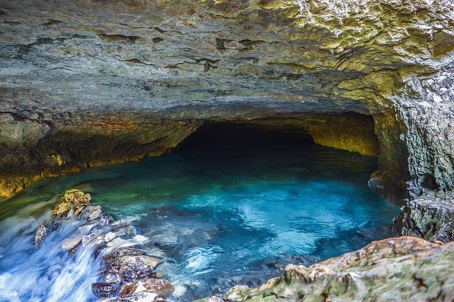 blue, stream, water, cave, rock, rock - object, solid, rock formation HD wallpaper