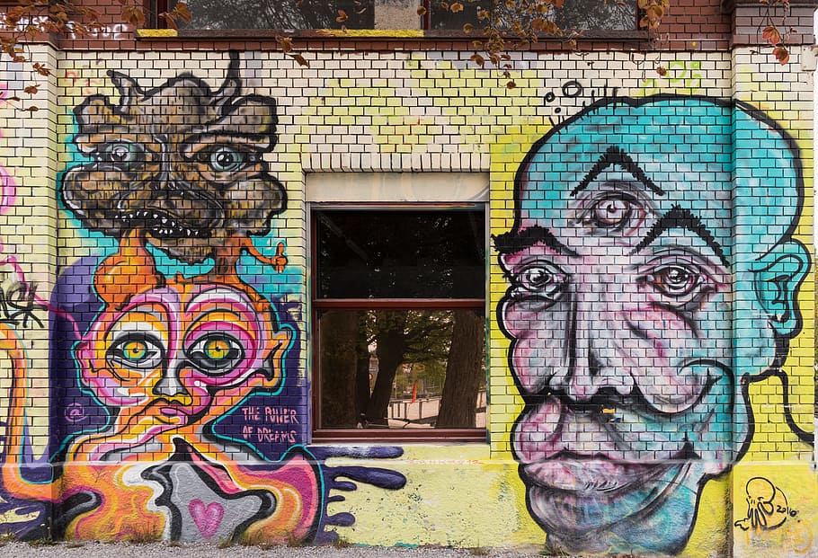 Graffiti, Purple, Blue, Head, Djinn, window, decoration, painted, HD wallpaper