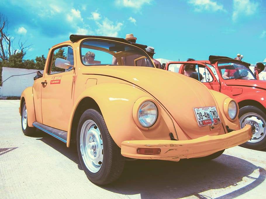 yellow Volkswagen Beetle convertible, car, oldtimer, orange, retro