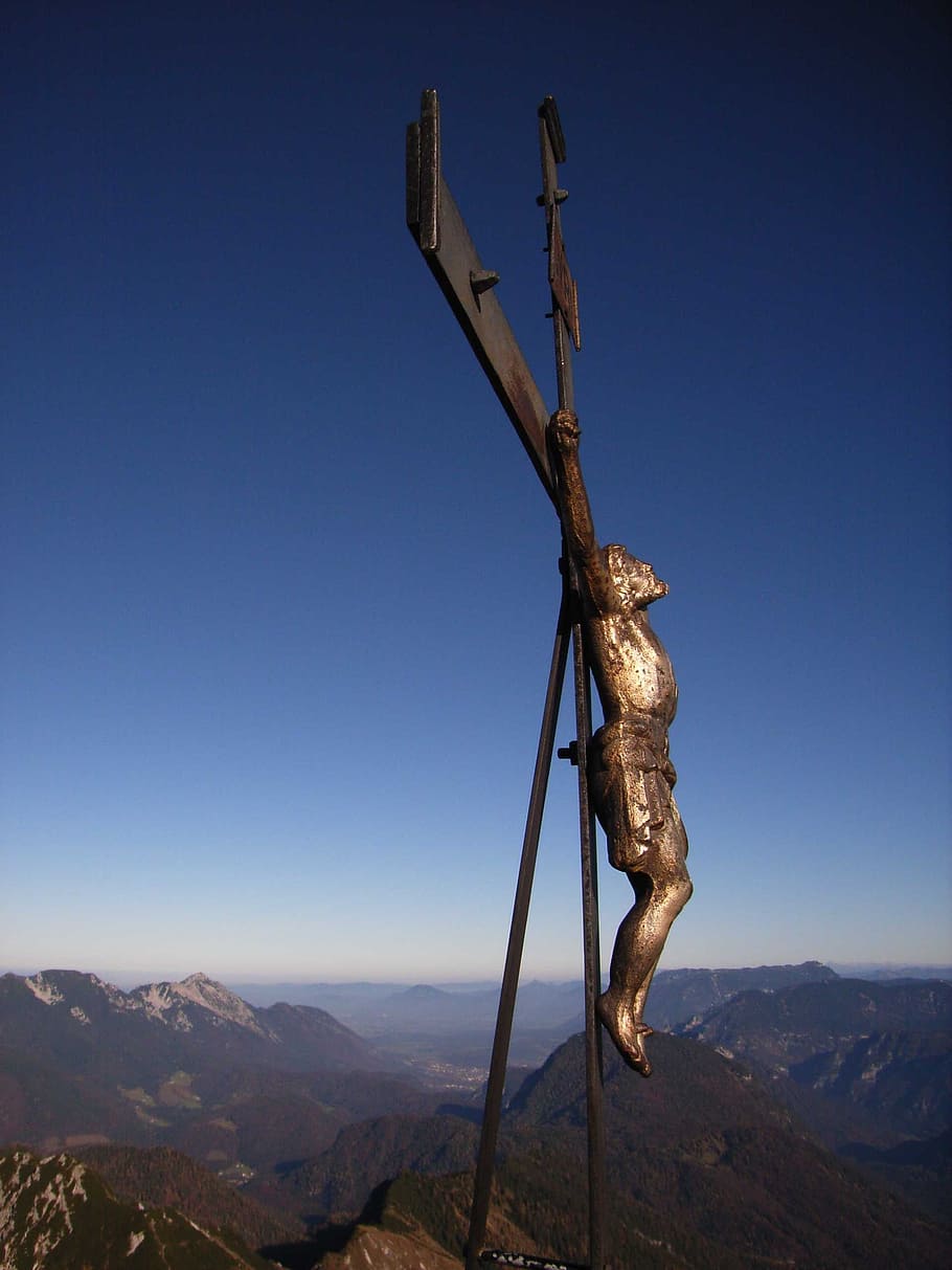 summit cross, jesus, sky, mountains, alpine, mountaineering HD wallpaper