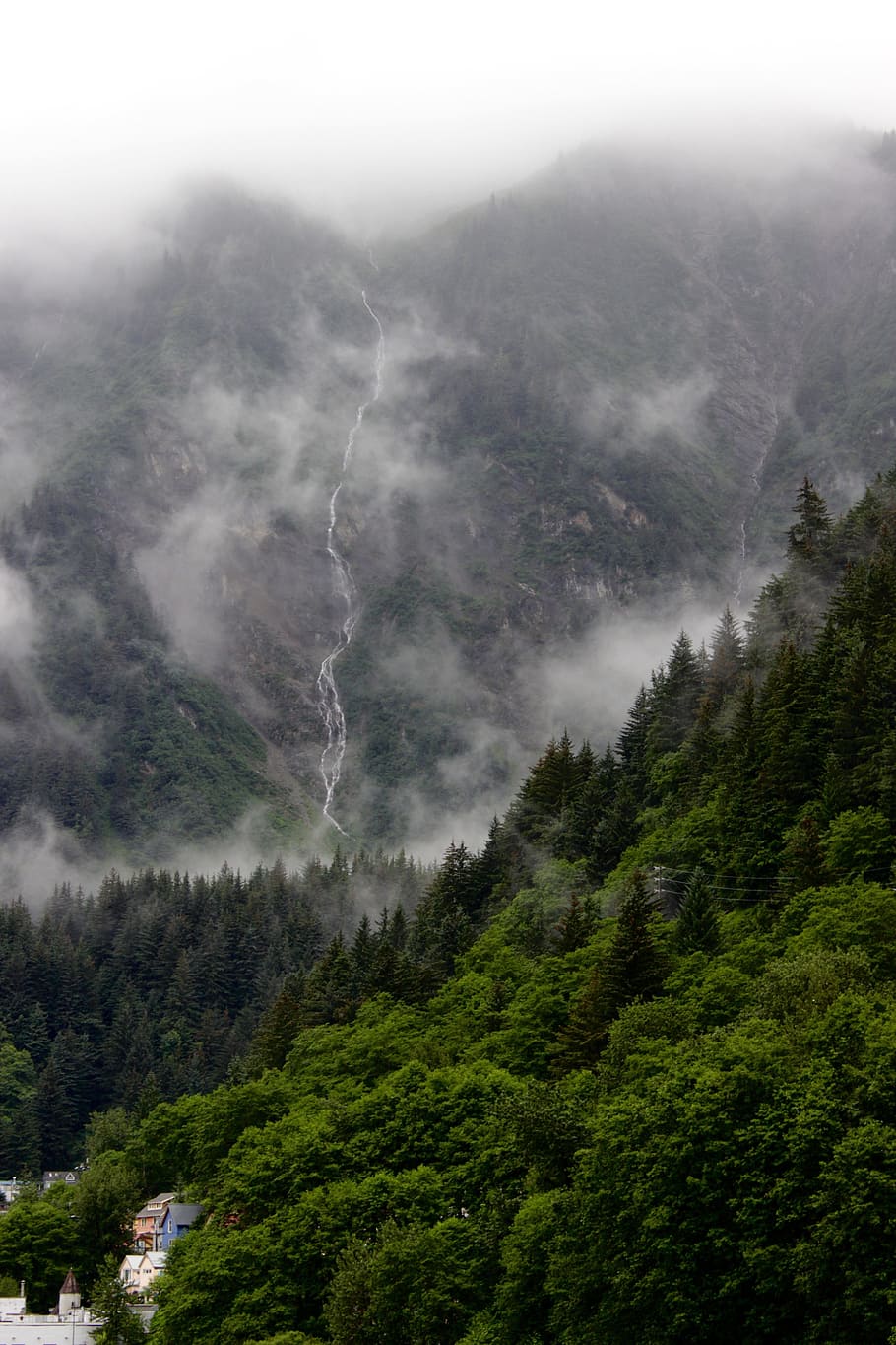 fog covering mountain ranges, waterfall, forest, beauty, scene HD wallpaper