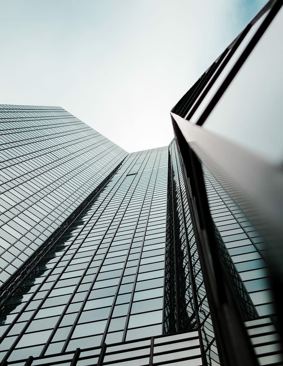 worm's eye view of glass building, low angle photo of building HD wallpaper