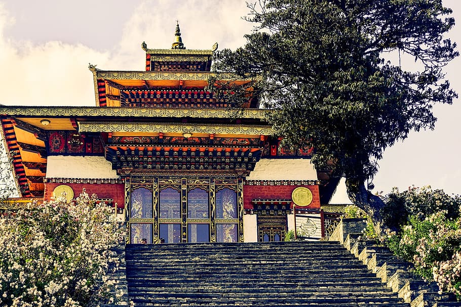 dzong on a hill, stairs, holy, temple, architecture, buddhism, HD wallpaper