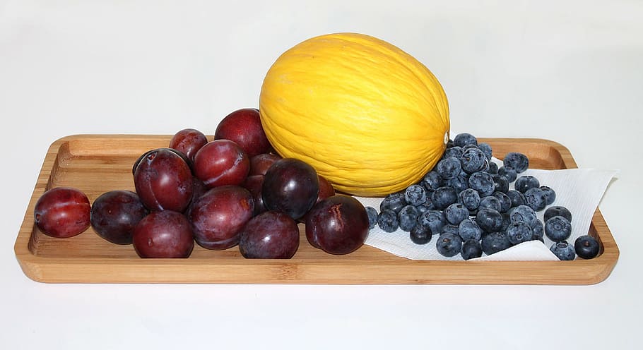 fruit, plums, honeydew melon, blueberry, healthy food, fruits HD wallpaper