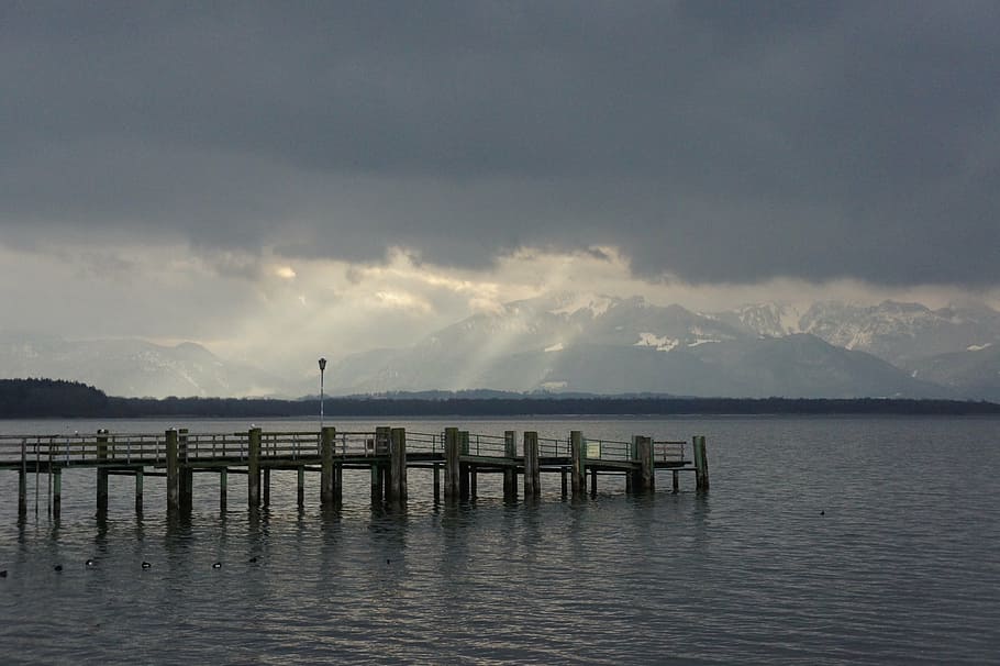 chiemsee, mountains, sun, sunbeam, grey, nature, mood, atmosphere HD wallpaper
