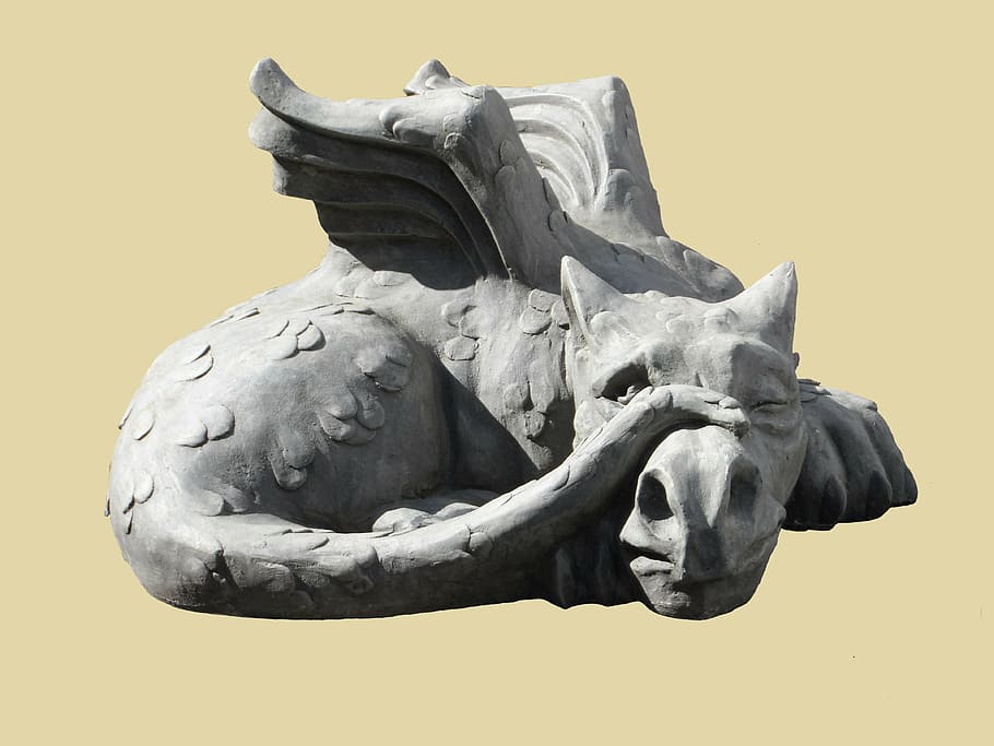 gray concrete dragon statue, sculpture, lindwurm, stone, horticulture