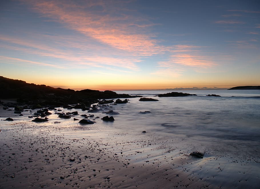 beach, low light, sunrise, slow shutter, sunset, sea, cloud - sky HD wallpaper