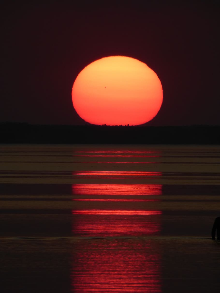 sunset, sea, nature, red, orange color, circle, sky, geometric shape HD wallpaper