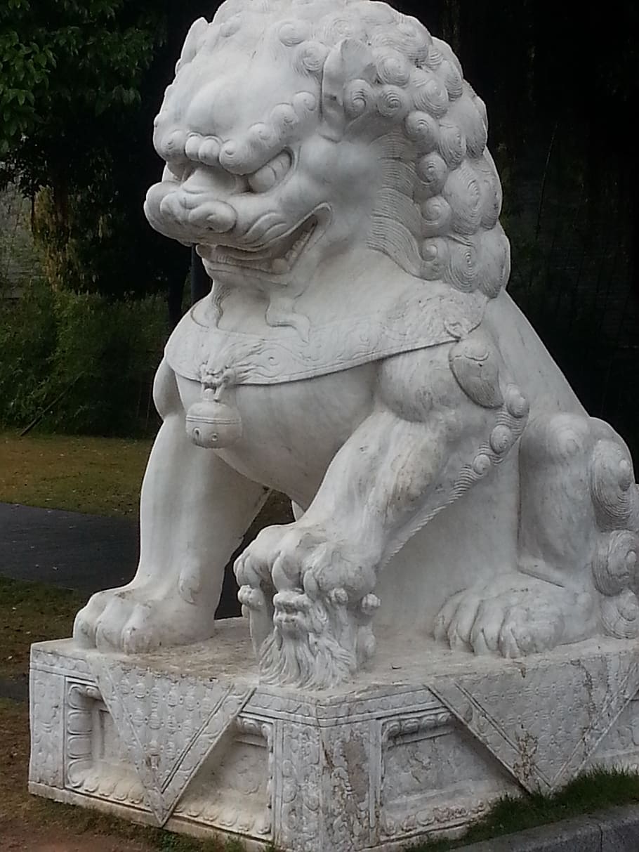 lion, stone, statue, china, asia, white, religion, sculpture HD wallpaper