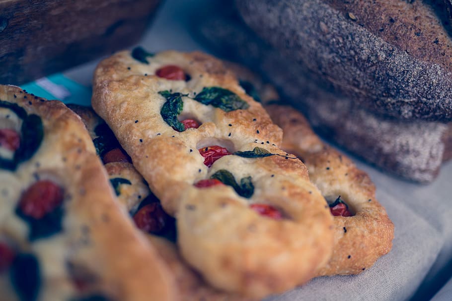 baked breads and donutes, pastries on gray surface, food, tomato HD wallpaper