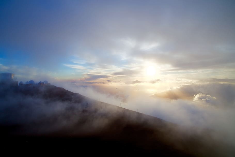 photo of sea clouds, mountains, sky, sunset, nature, landscape HD wallpaper