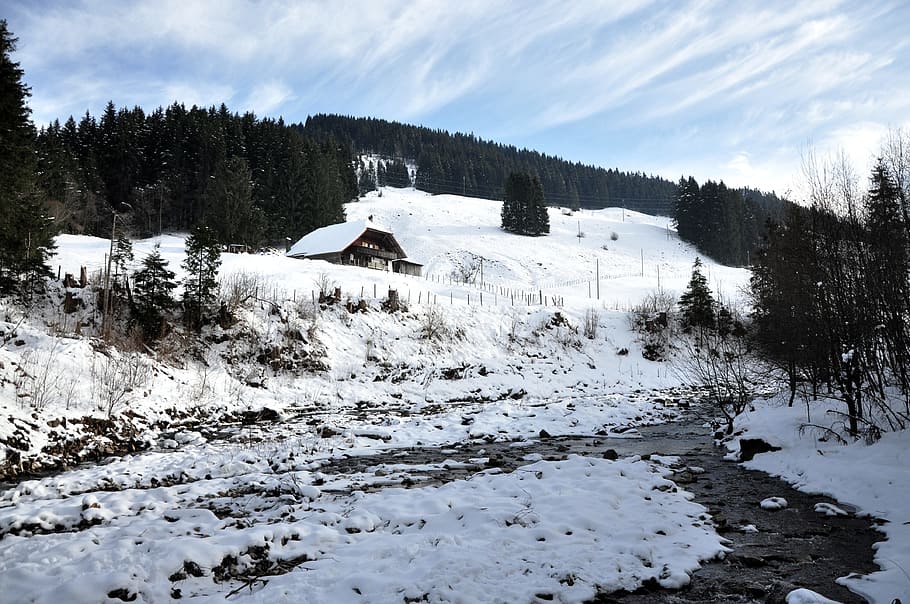 switzerland, ice palace, mountains, snow, river, alpine, water, HD wallpaper