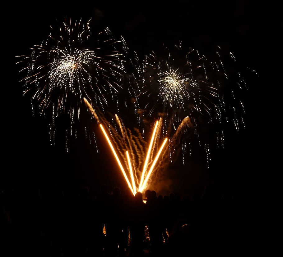 fireworks, light, night, beautiful, schaffhausen, white, yellow, HD wallpaper