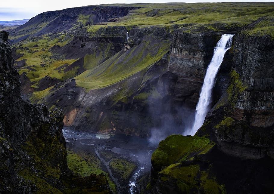top view of waterfall on mountain, waterfalls in gray and green mountain HD wallpaper