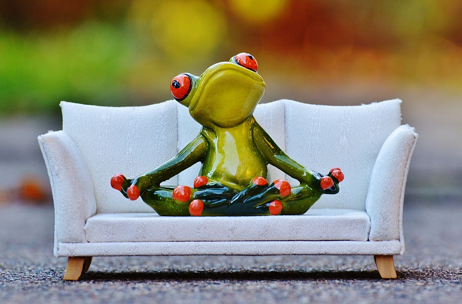green and red ceramic frog figurine on white sofa, relaxation