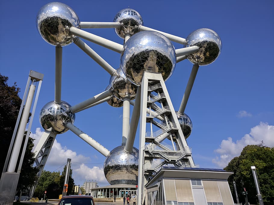 belgium, brussels, atomium, 1958, expo, sky, architecture, low angle view HD wallpaper