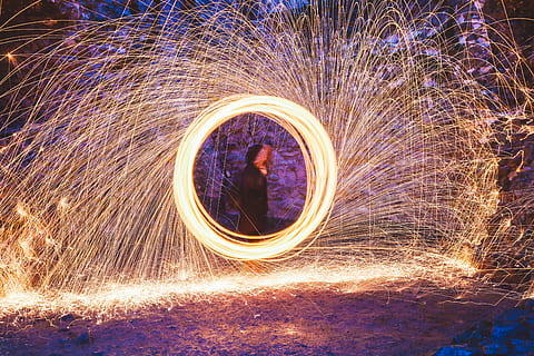 yellow sparks, steel wool photography of man, circle, motion HD wallpaper