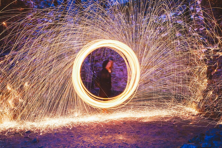 yellow sparks, steel wool photography of man, circle, motion HD wallpaper