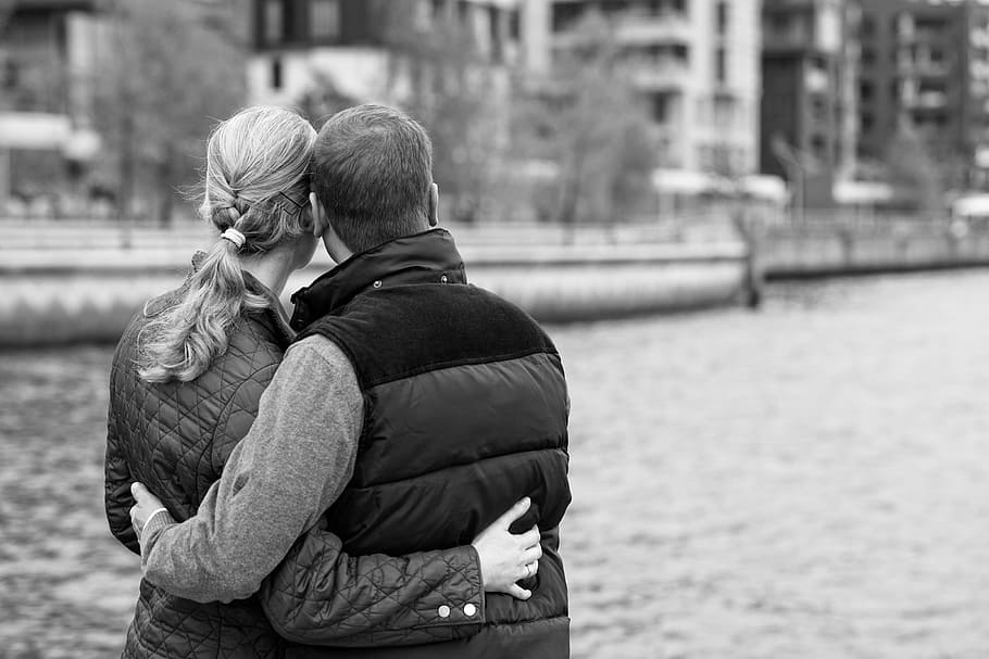 man and woman hugging each other in grayscale photo, pair, dreams HD wallpaper