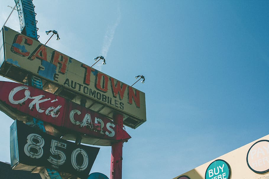 Car Town signage beside shop, Car Town signage, car yard, sky HD wallpaper
