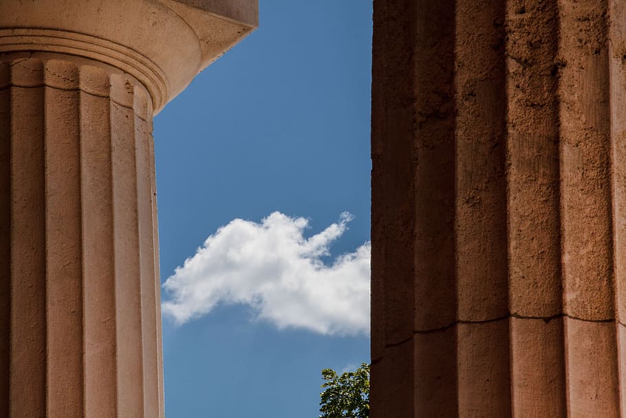 white cloud behind pillar, temple, doric columns, classical order HD wallpaper