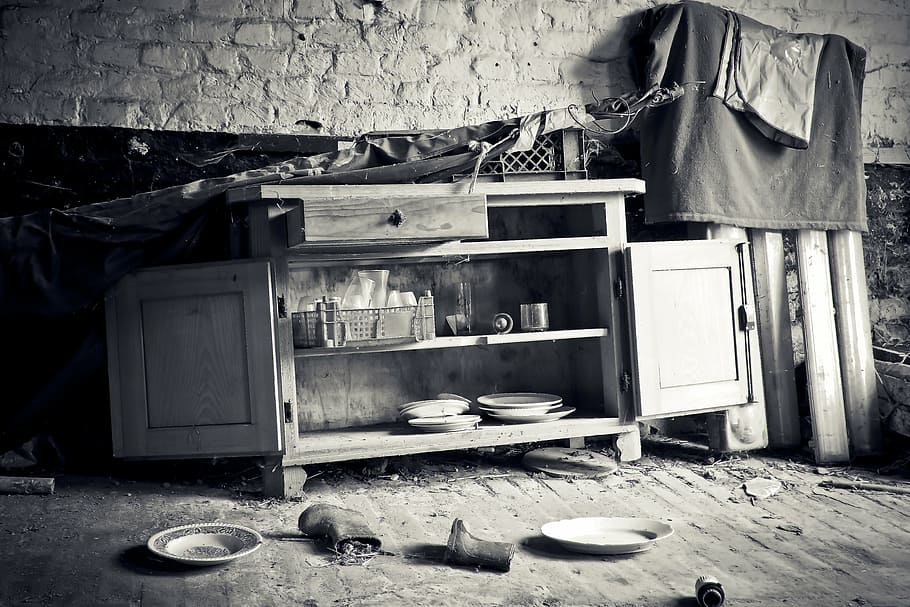 grayscale photography of plates inside cabinet, lost places, building, HD wallpaper