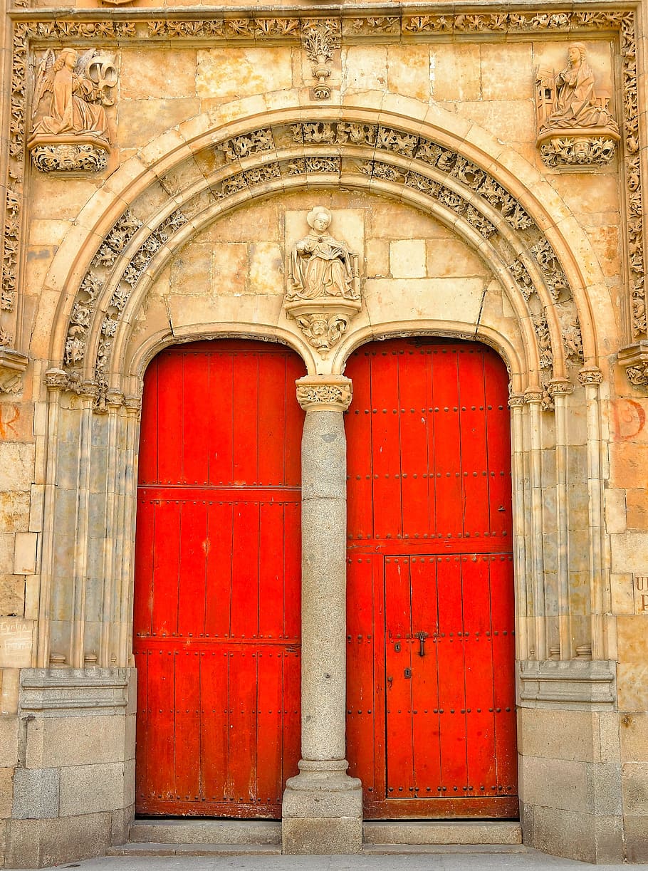 church, front, doors, red, spain, architecture, built structure HD wallpaper