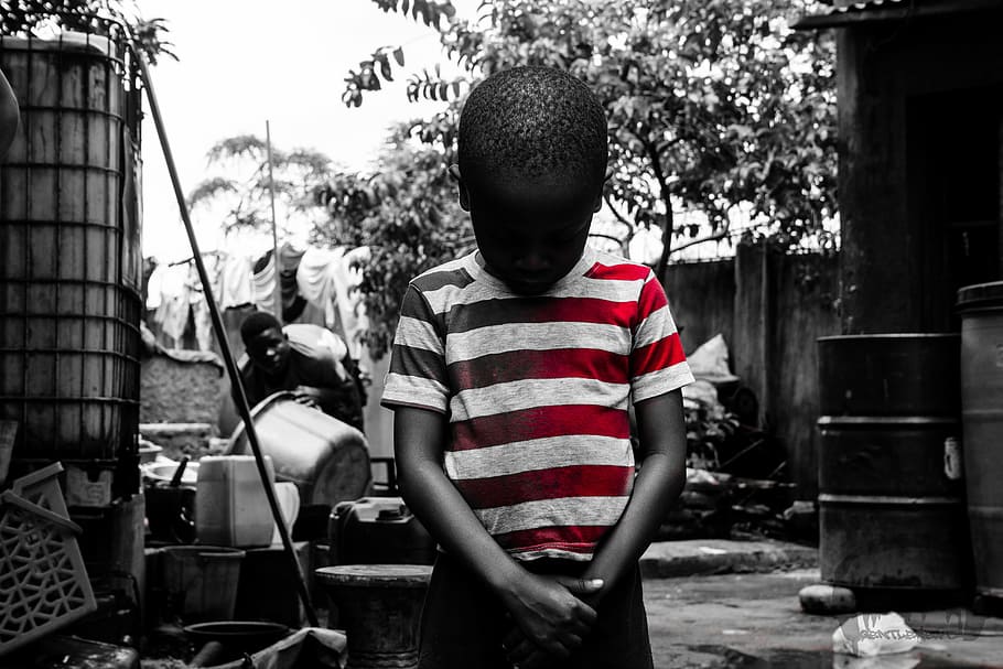 selective color photography of boy wearing stripe shirt looking down, HD wallpaper