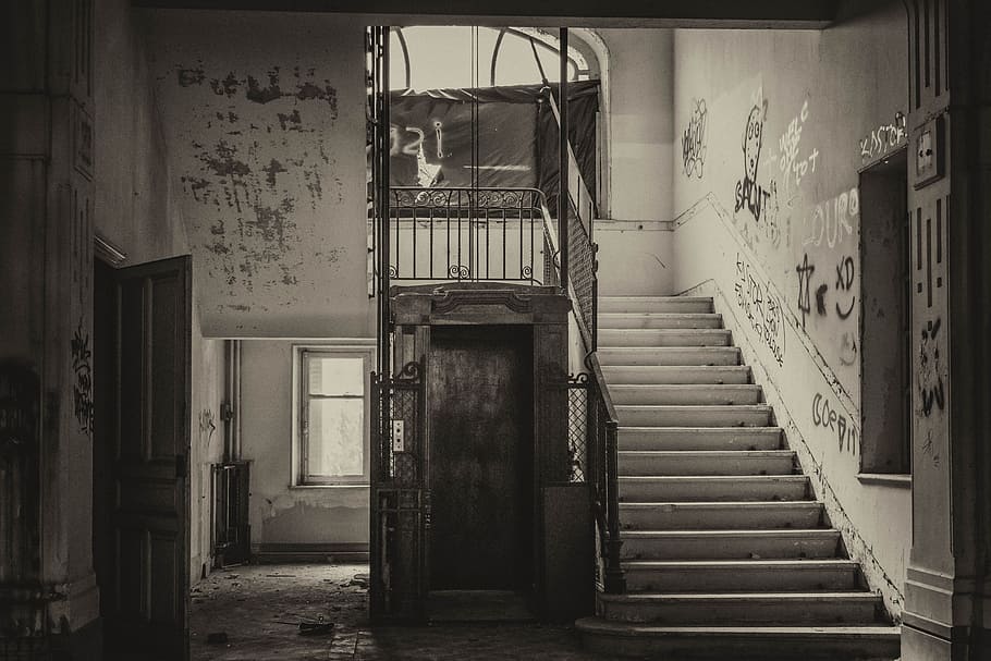 grayscale photography of stairway, lost places, elevator, stairs, HD wallpaper