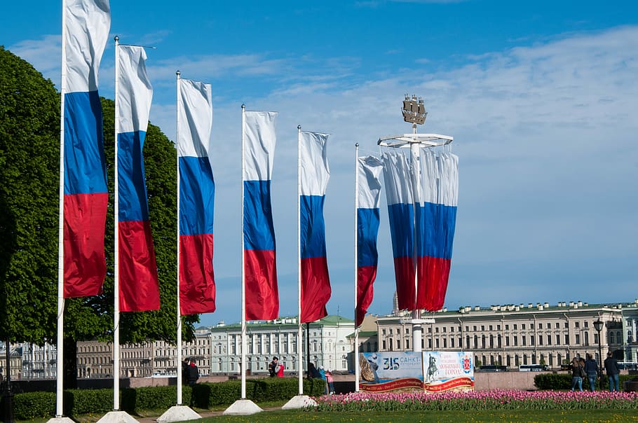 red and blue flag with building