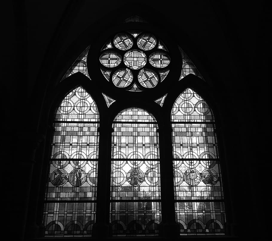 glass window, trier cathedral, cloister, dom, black and white