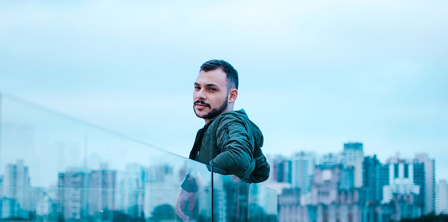 Man Wearing Jacket, beard, boy, buildings, city, fashion, glass HD wallpaper