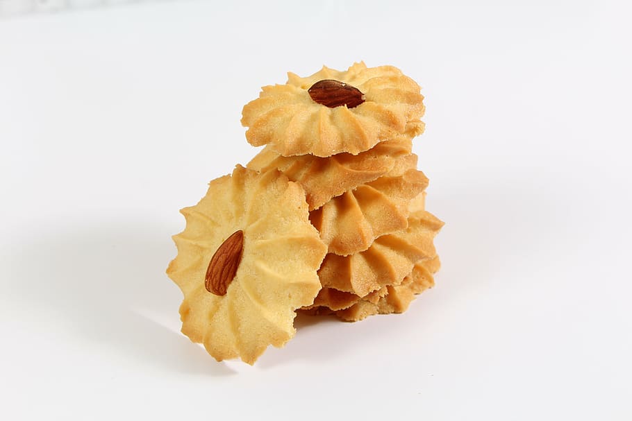 pile of buttered cookies with almond nuts, baking, sweets, bread HD wallpaper