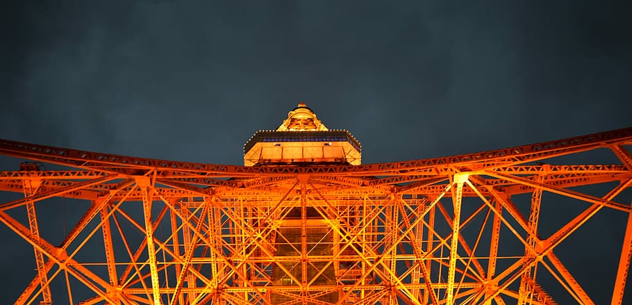 high-angle photography of Eiffel Tower during night time, orange electricity tower, HD wallpaper
