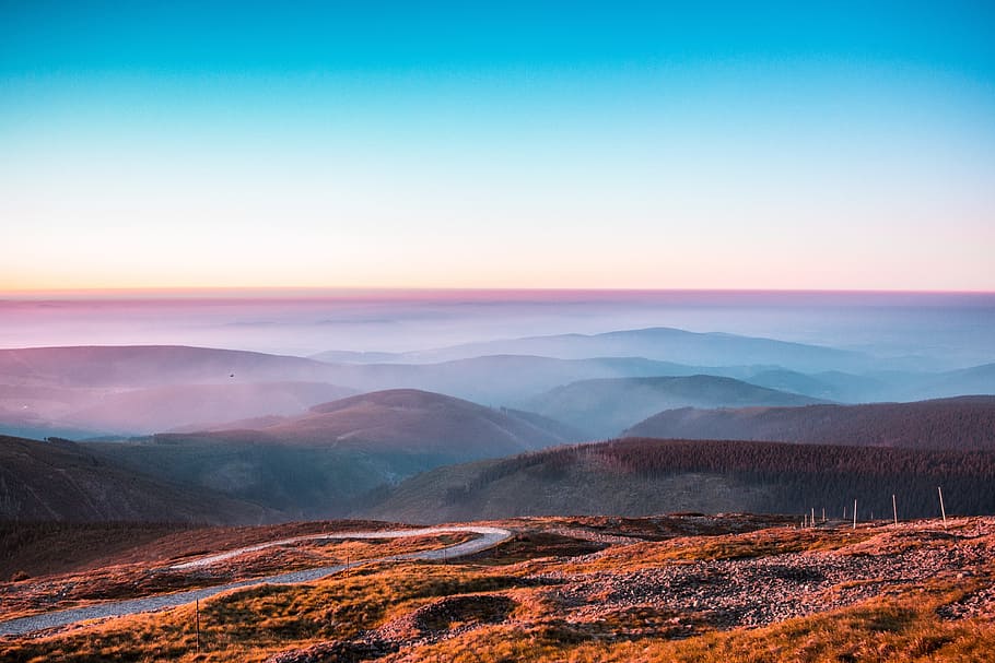 mountain, highland, cloud, sky, landscape, nature, valley, road HD wallpaper