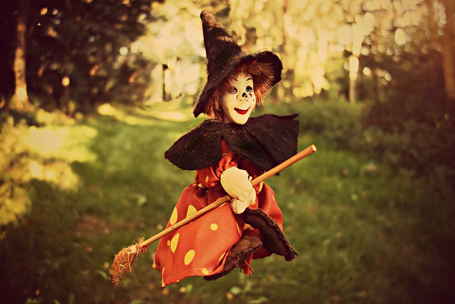 child with witch costume riding broomstick during daytime, witch hat, HD wallpaper