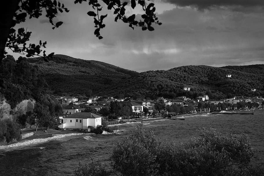 road, landscape, mountains, houses, architecture, black and white HD wallpaper
