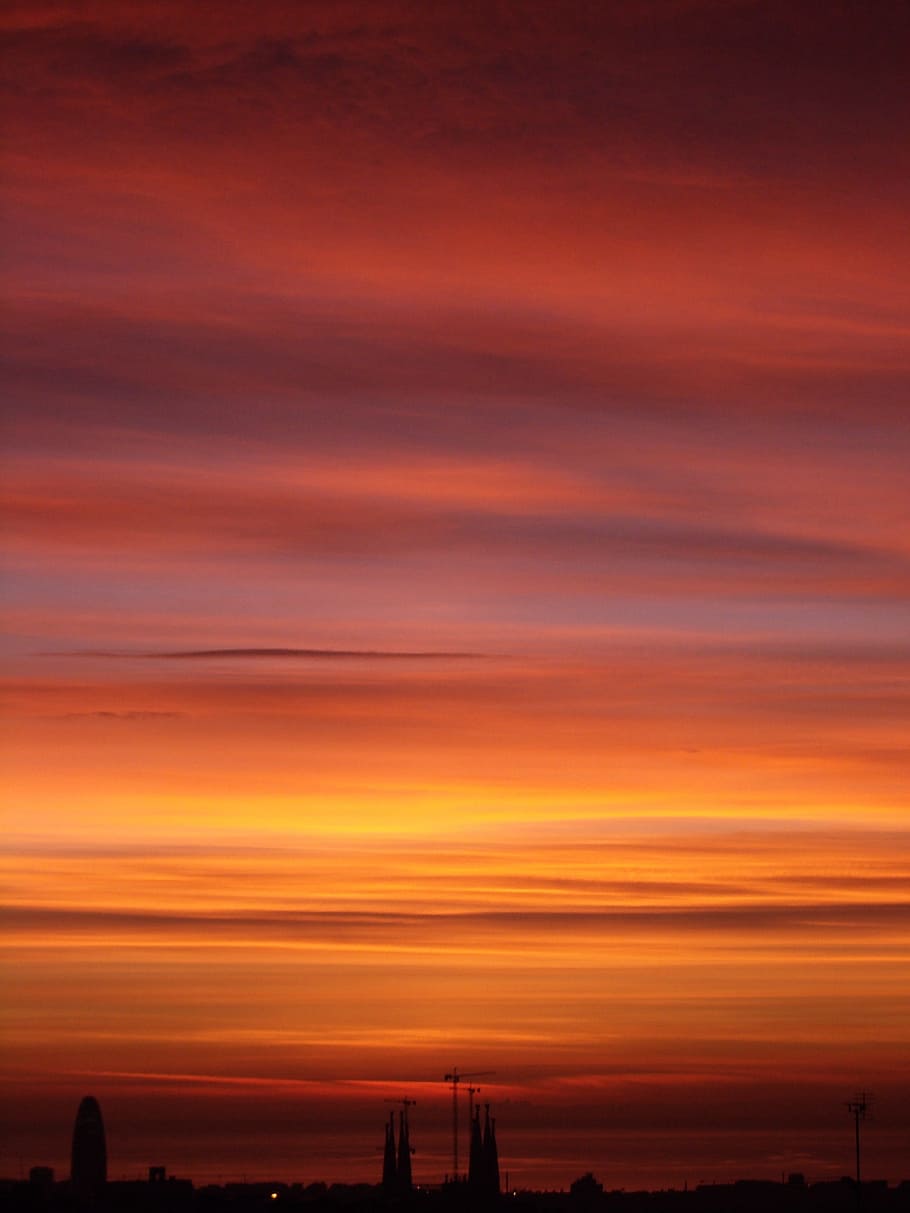 Barcelona, Sunset, Clouds, Gaudi, dusk, nature, orange Color HD wallpaper