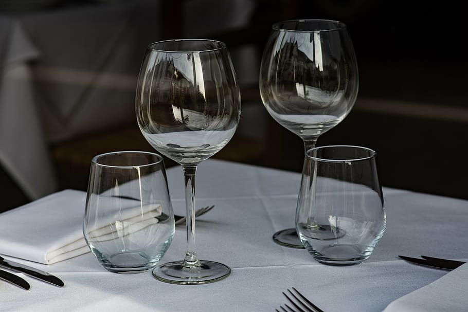 clear wine glasses on table, white, formal, utensils, fine dining, HD wallpaper