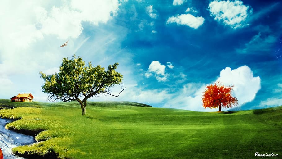 painting of still life red and green trees, countryside, sky, HD wallpaper