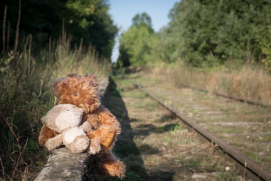 old, teddy, bear, lonely, childhood, loneliness, rail, track HD wallpaper
