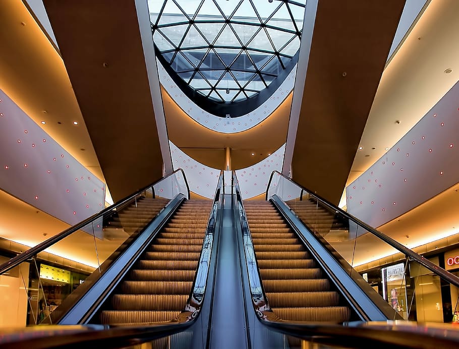 two grey escalator, photo of department store, building, interior design HD wallpaper